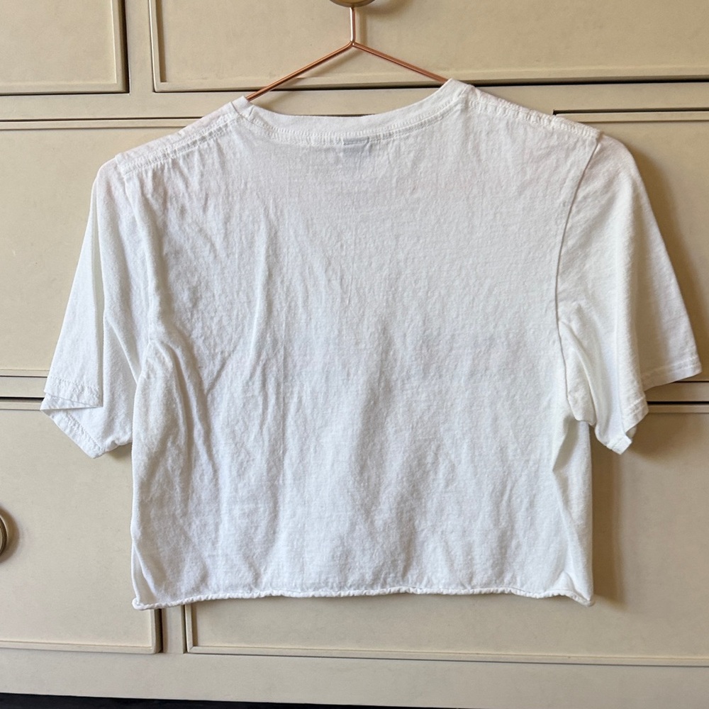 Gildan White Crop Top with Gold Script and Red-Green Stripe - Picture 3 of 3